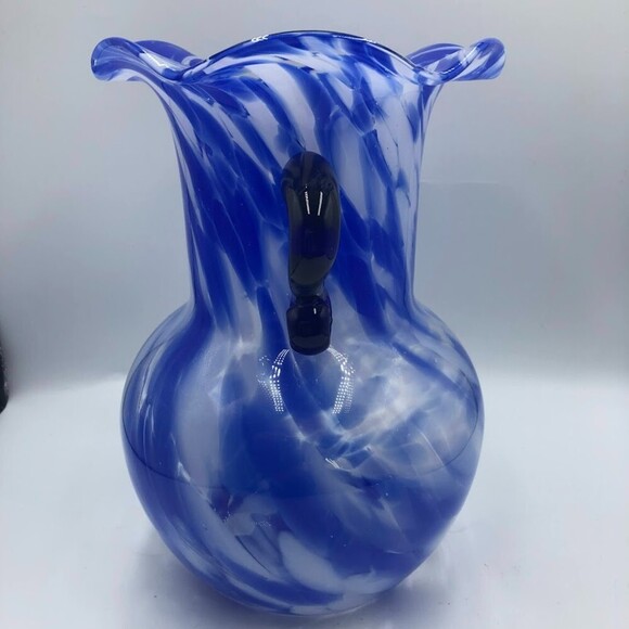 Vintage Blue White Swirl Cobalt Handled Vase Scalloped Edge - Picture 4 of 12